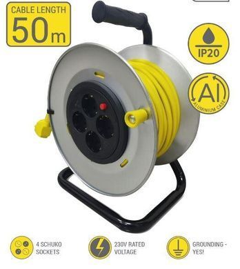 Удлинитель на катушке 4хSchuko с заземлением ІР20 металл 3Gх1.5 50 м 2E Accessories 2E-U04REM50M 693229 фото
