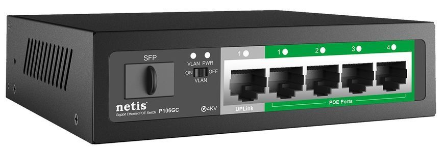 Сетевой коммутатор Netis P106GC &mdash; Коммутатор неуправляемый 4xGE PoE+, 1xGE Uplink, 1xGE SFP 1-28095 фото