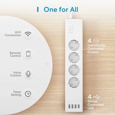 Meross Smart Power Strip White MSS425FHK(EU) &mdash; Мережевий фільтр з Wi-Fi на 4 розетки, 4xUSB-A, 1.8 м (Вітрина) 9-15045  фото