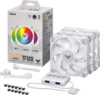 Asus TUF Gaming TF120 ARGB Fan &mdash; Triple Fan Kit with ARGB Controller White &mdash; Корпусні вентилятори 120мм, 1900rpm, PWM, 29dBa, ARGB, 3 шт. (90DA0033-B09030) 1-30291 фото