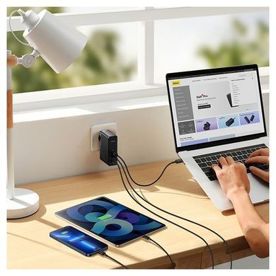 Baseus GaN5 Pro CCGP100201 &mdash; Мережевий зарядний пристрій Quick Charge, 140 Вт, 220 В, з кабелем USB тип-C до USB тип-C, 3 порти, чорний 1-34870 фото