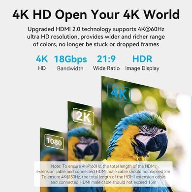 Vention AHCBJ &mdash; Кабель HDMI M-F (подовжувач), 5.0 м, V2.0, 4K 60Hz PVC Vention 1-60258 фото